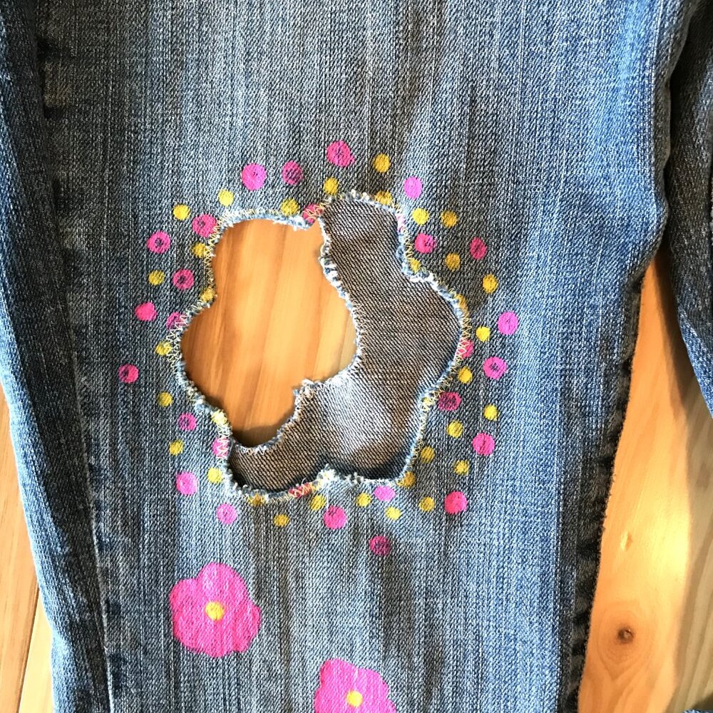 Upcycled Flower Cut-Out Jeans, Holey Distressed Funky Pants 10 Short - Picture 13 of 15